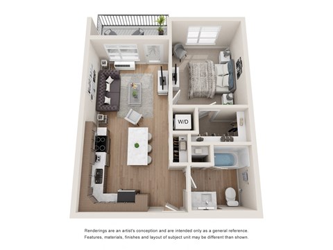 Floor plan for 1 bed, 1 bath, 608 sqft